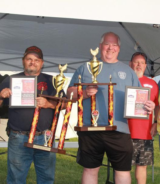 Men holding trophies